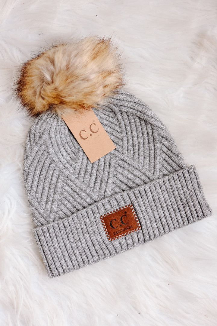 Heather Cuff Beanie with Pom-Pom - Light Grey Mix