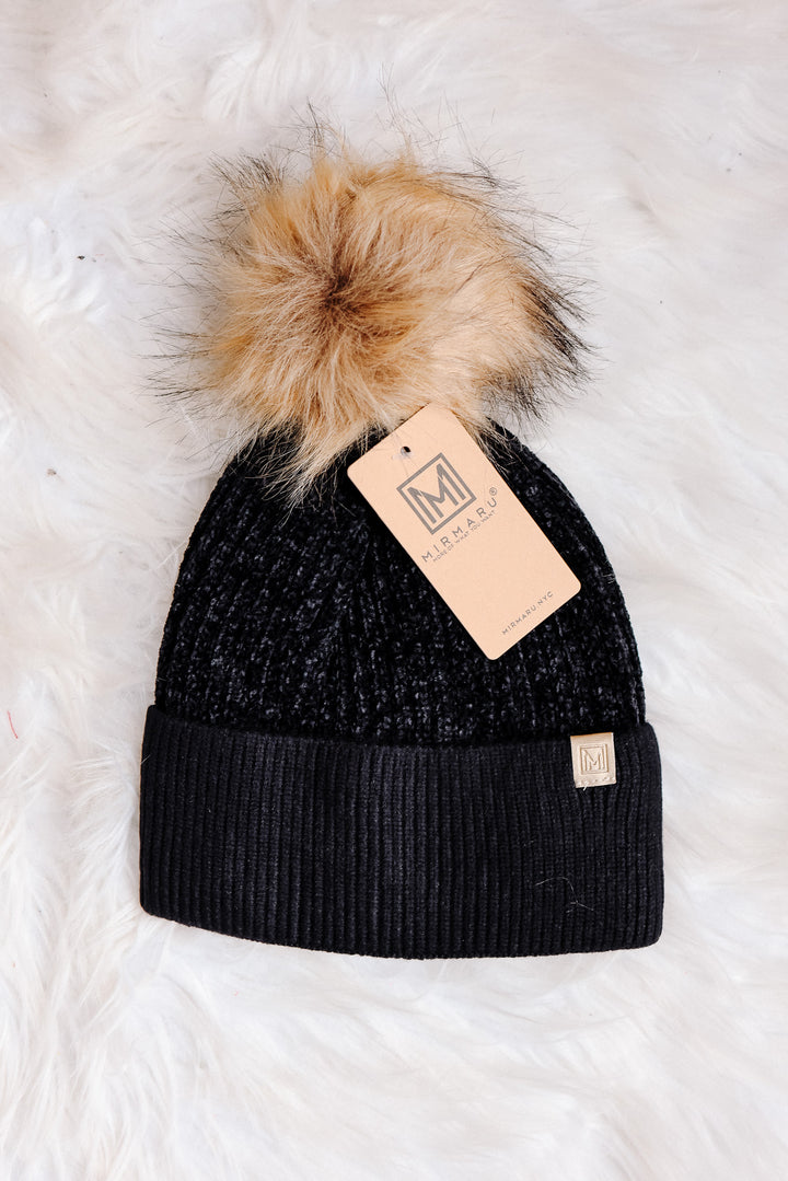 Chenille Beanie with Pom Pom - Black