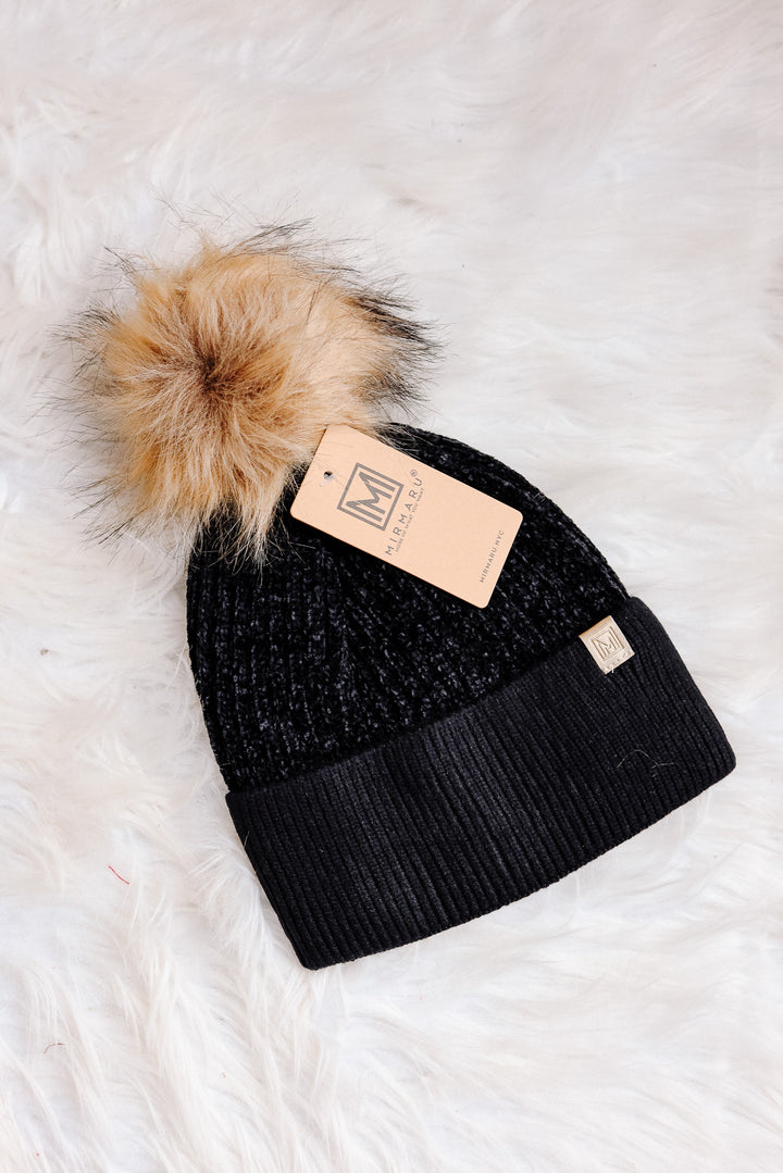 Chenille Beanie with Pom Pom - Black