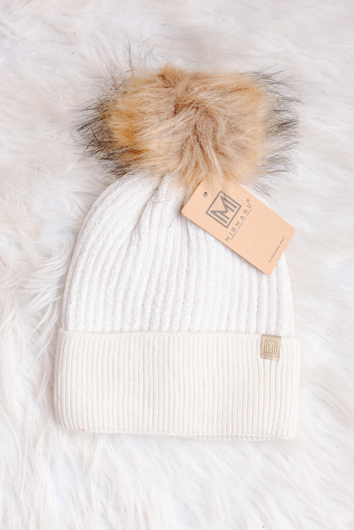 Chenille Cuff Beanie with Pom Pom - Ivory