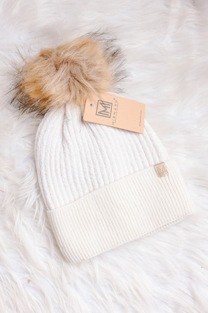 Chenille Cuff Beanie with Pom Pom - Ivory