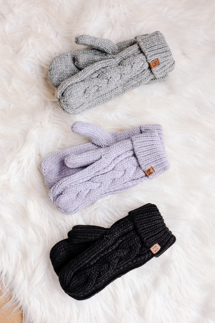 Fleece Lined Cable Knit Mittens - Light Grey