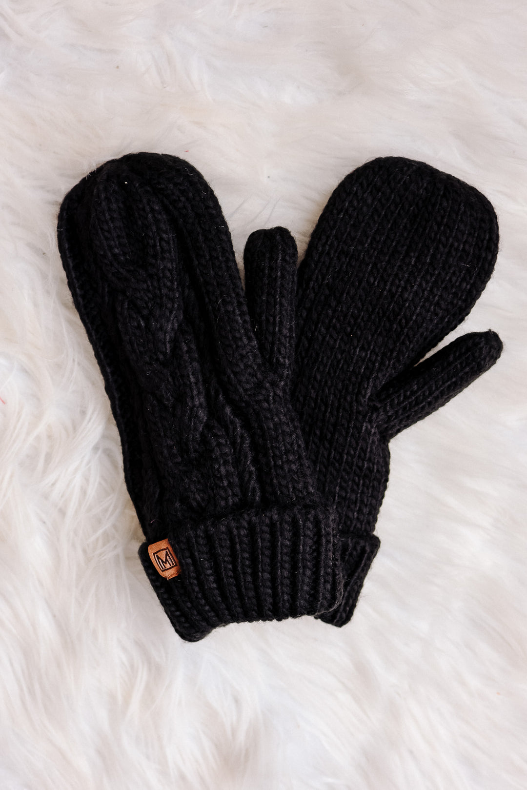 Fleece Lined Cable Knit Mittens - Black