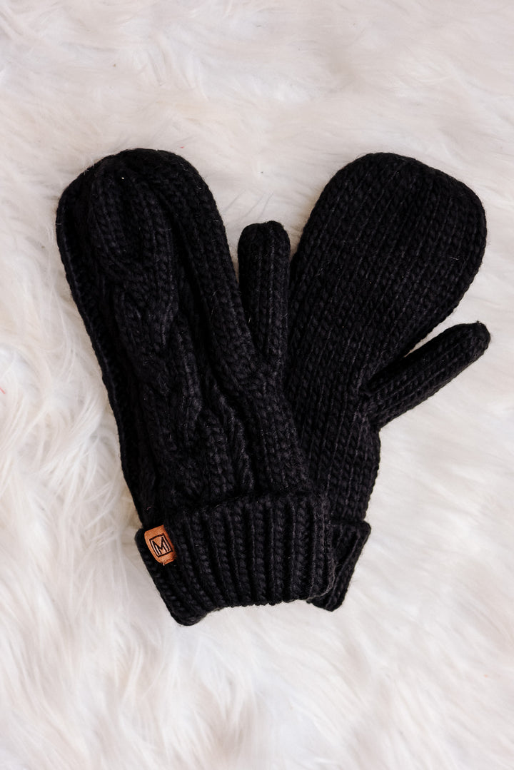 Fleece Lined Cable Knit Mittens - Black