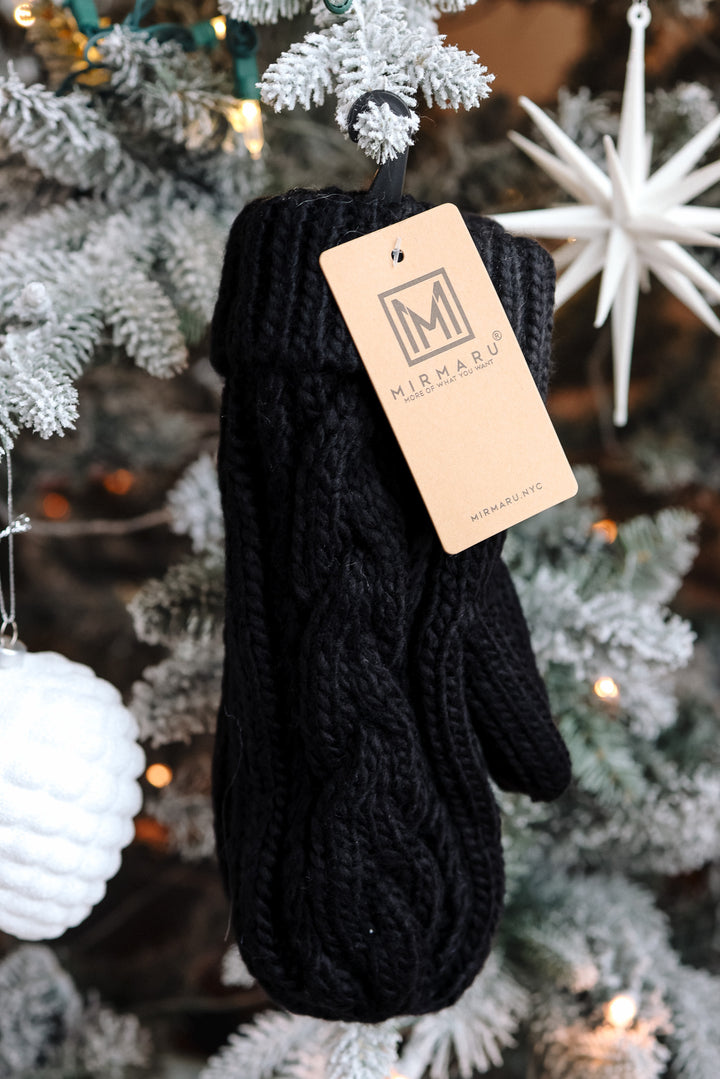 Fleece Lined Cable Knit Mittens - Black