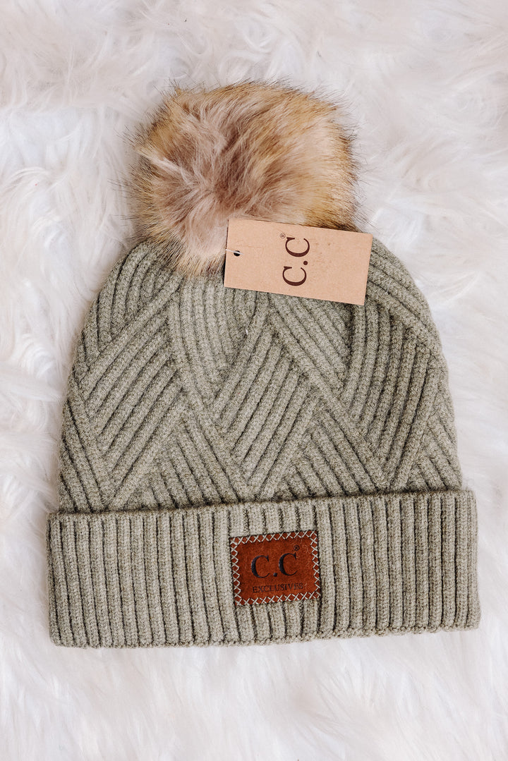 Heather Cuff Beanie with Pom-Pom - Sage Mix