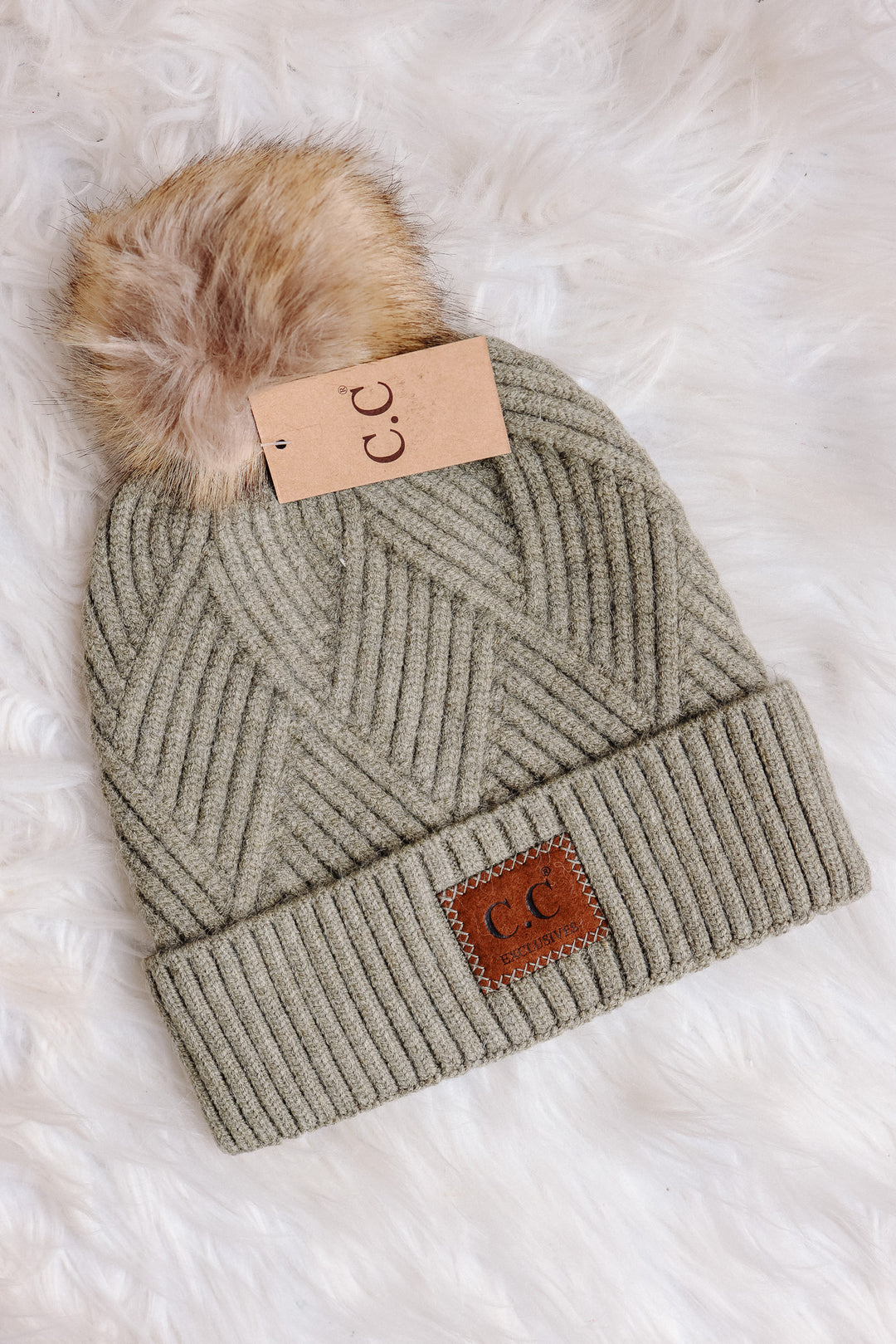 Heather Cuff Beanie with Pom-Pom - Sage Mix