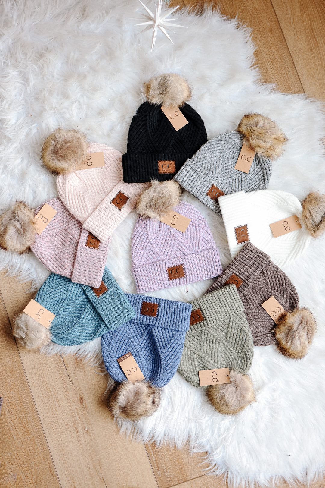 Heather Cuff Beanie with Pom-Pom - Light Beige