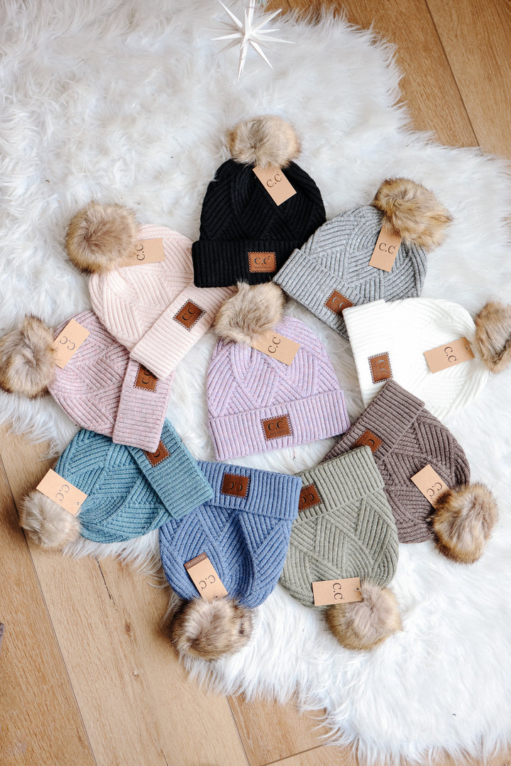 Heather Cuff Beanie with Pom-Pom - Light Beige