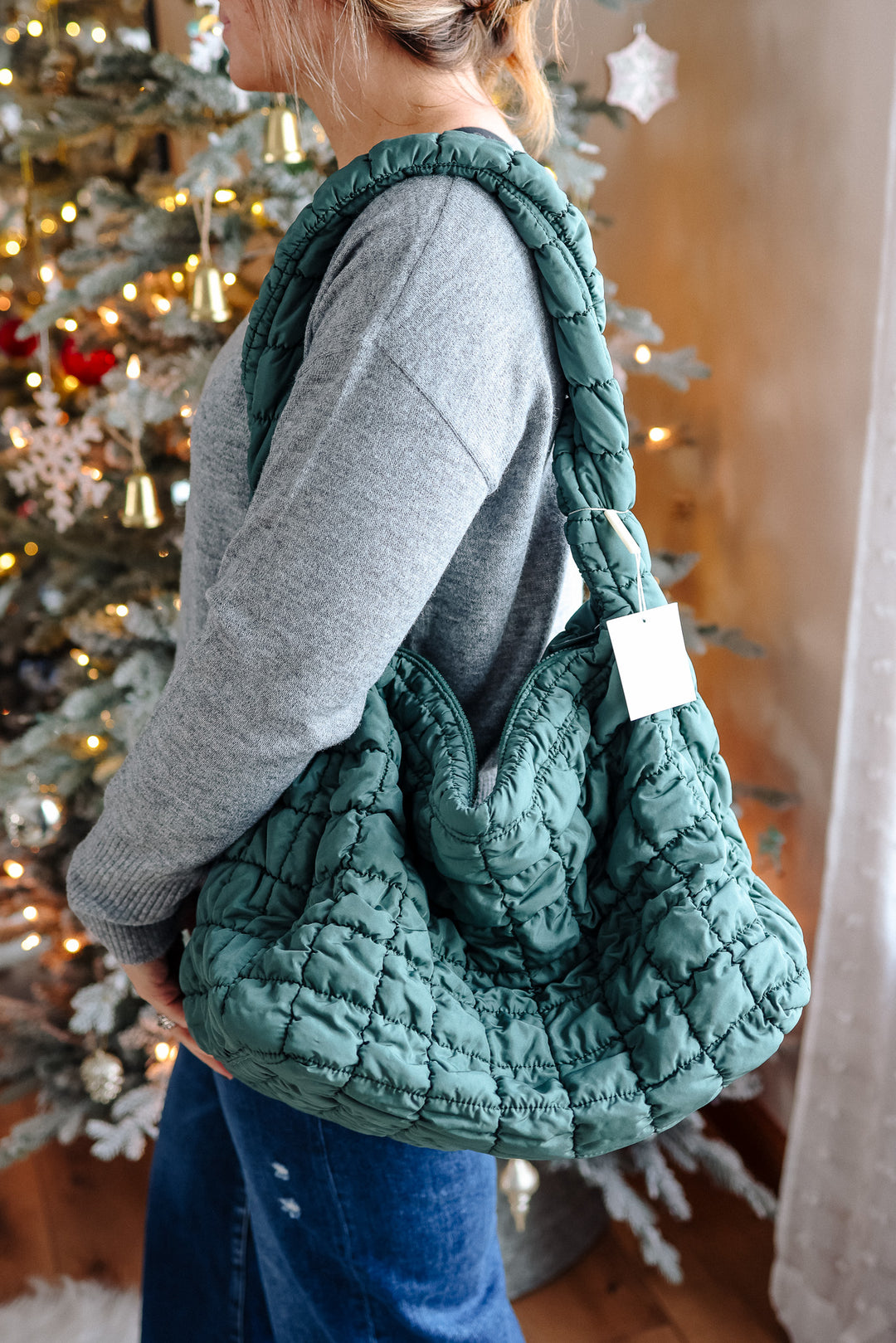 Large Puffer Quilted Shoulder Bag - Dark Green