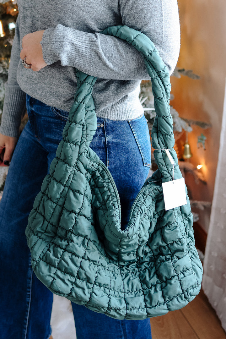 Large Puffer Quilted Shoulder Bag - Dark Green