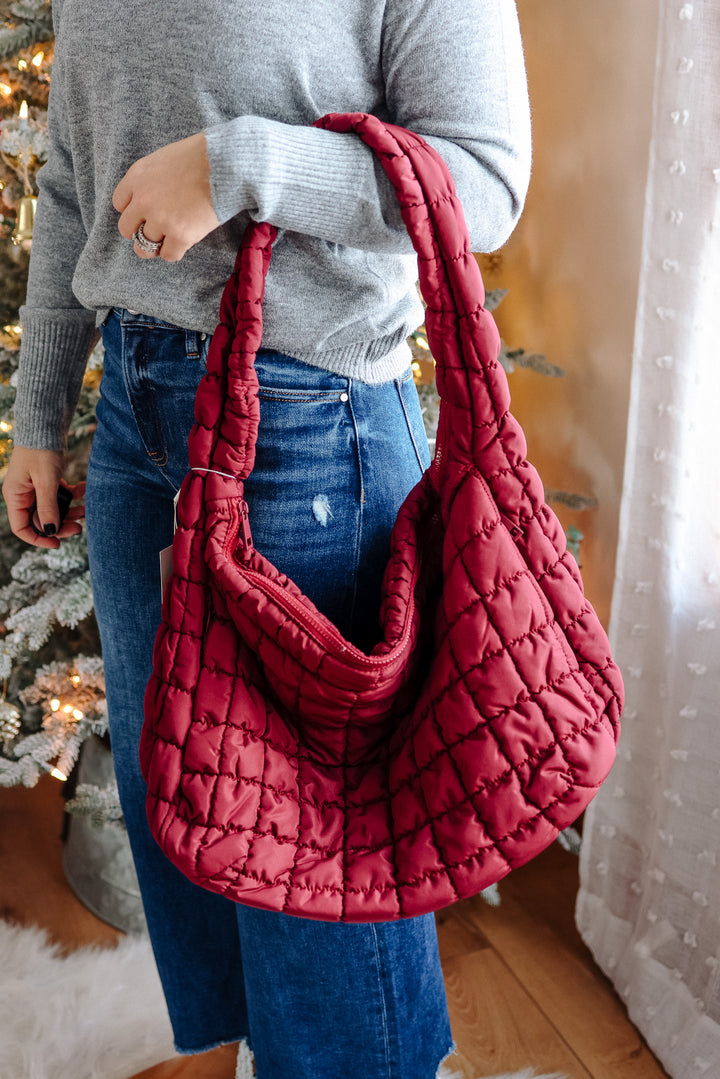 Large Puffer Quilted Shoulder Bag - Burgundy