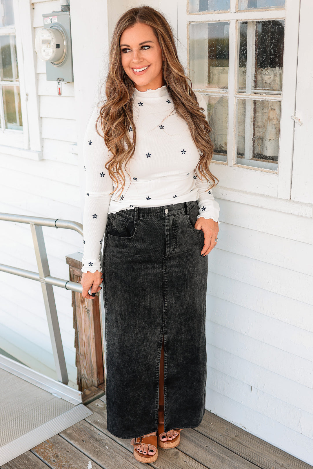 Jessa Snow Wash Corduroy Maxi Skirt - Black