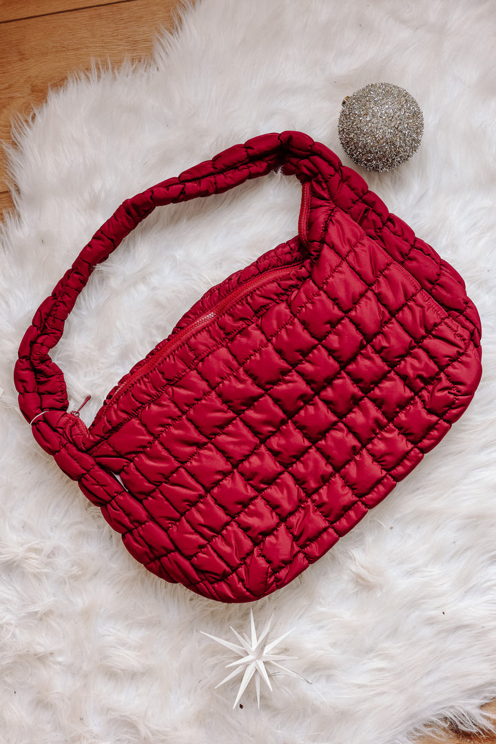 Large Puffer Quilted Shoulder Bag - Burgundy