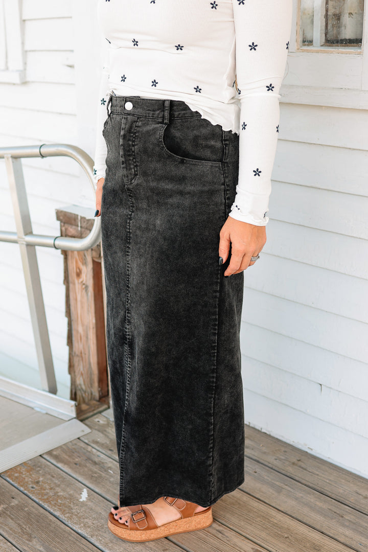 Jessa Snow Wash Corduroy Maxi Skirt - Black