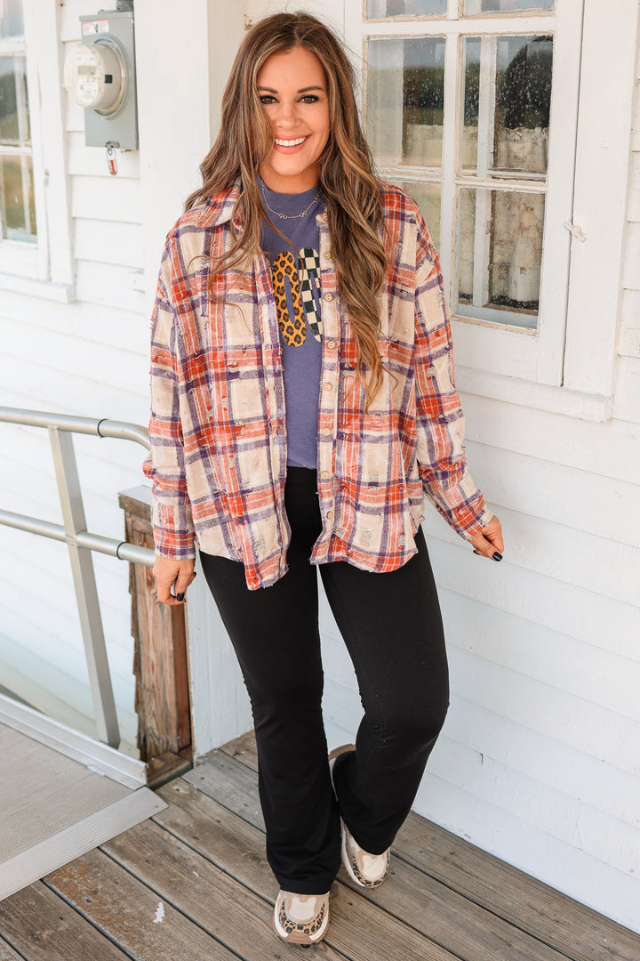 Alexa Distressed Button Down Flannel - Purple