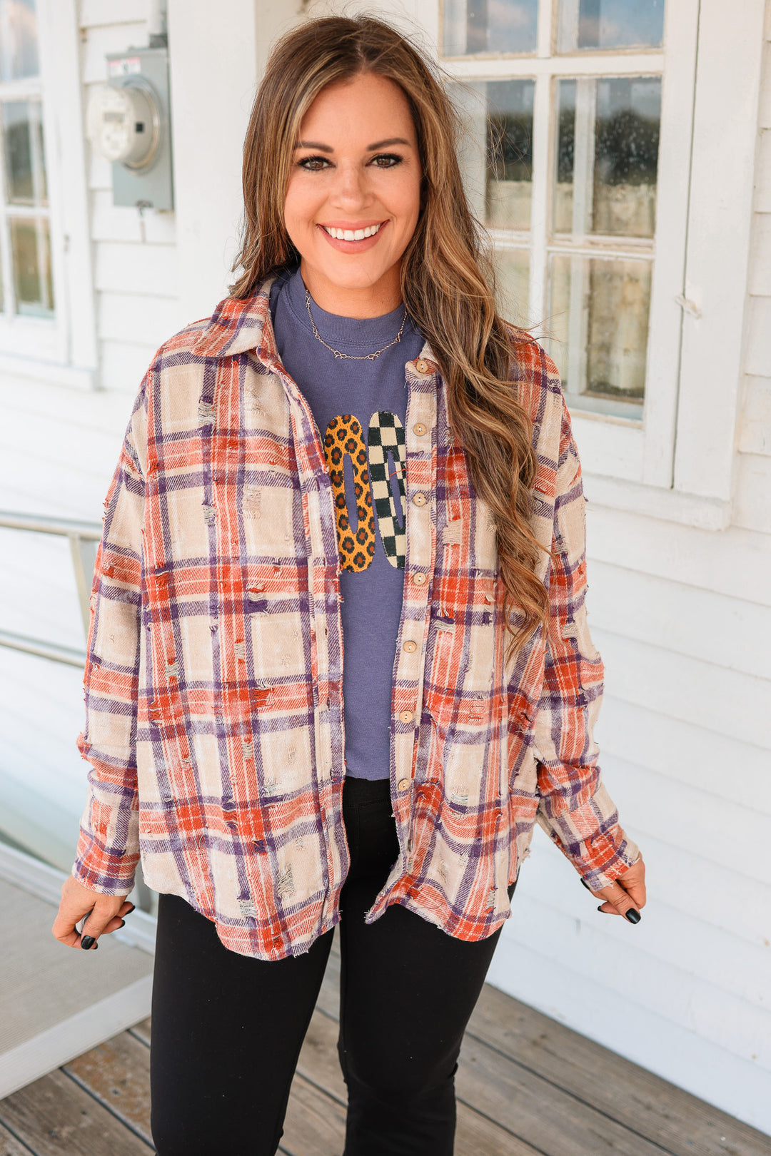 Alexa Distressed Button Down Flannel - Purple