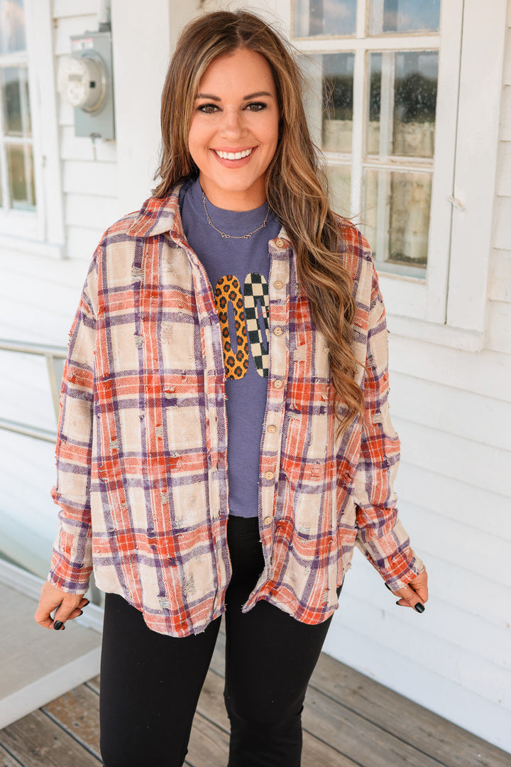 Alexa Distressed Button Down Flannel - Purple