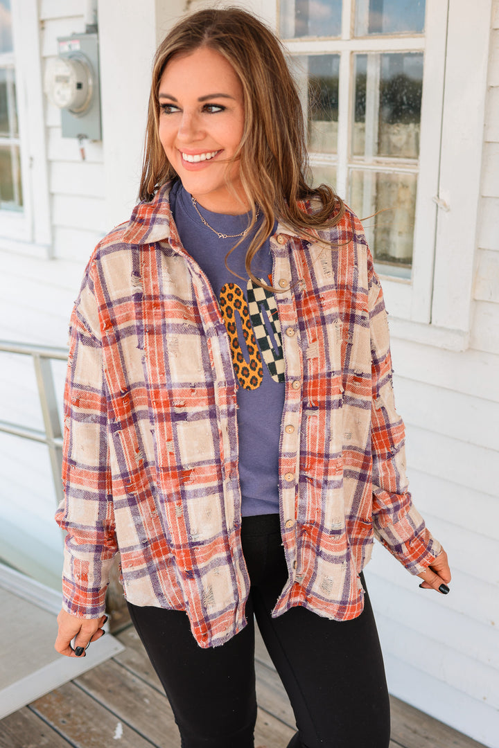 Alexa Distressed Button Down Flannel - Purple