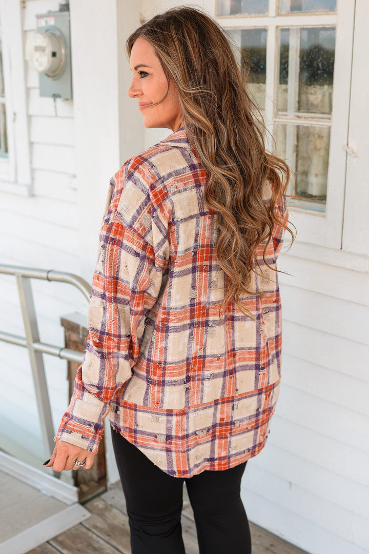 Alexa Distressed Button Down Flannel - Purple