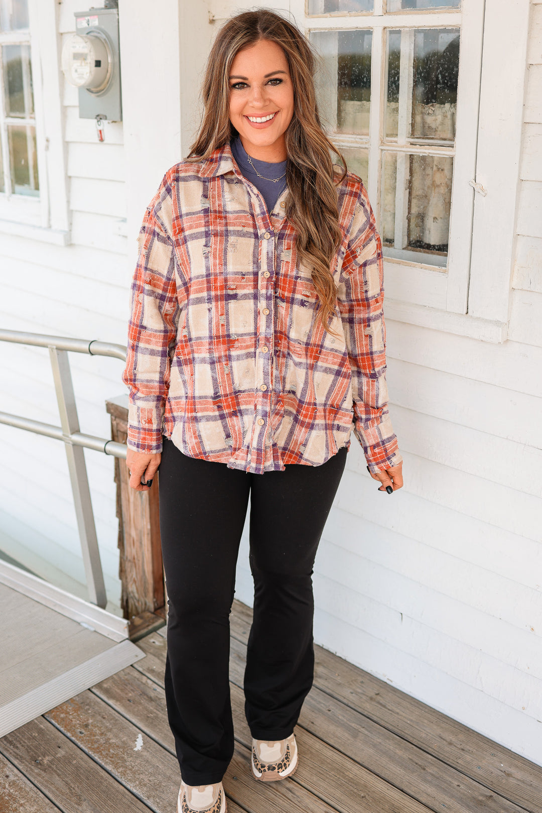 Alexa Distressed Button Down Flannel - Purple