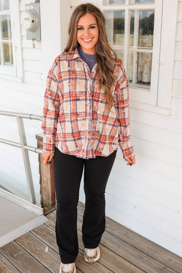 Alexa Distressed Button Down Flannel - Purple