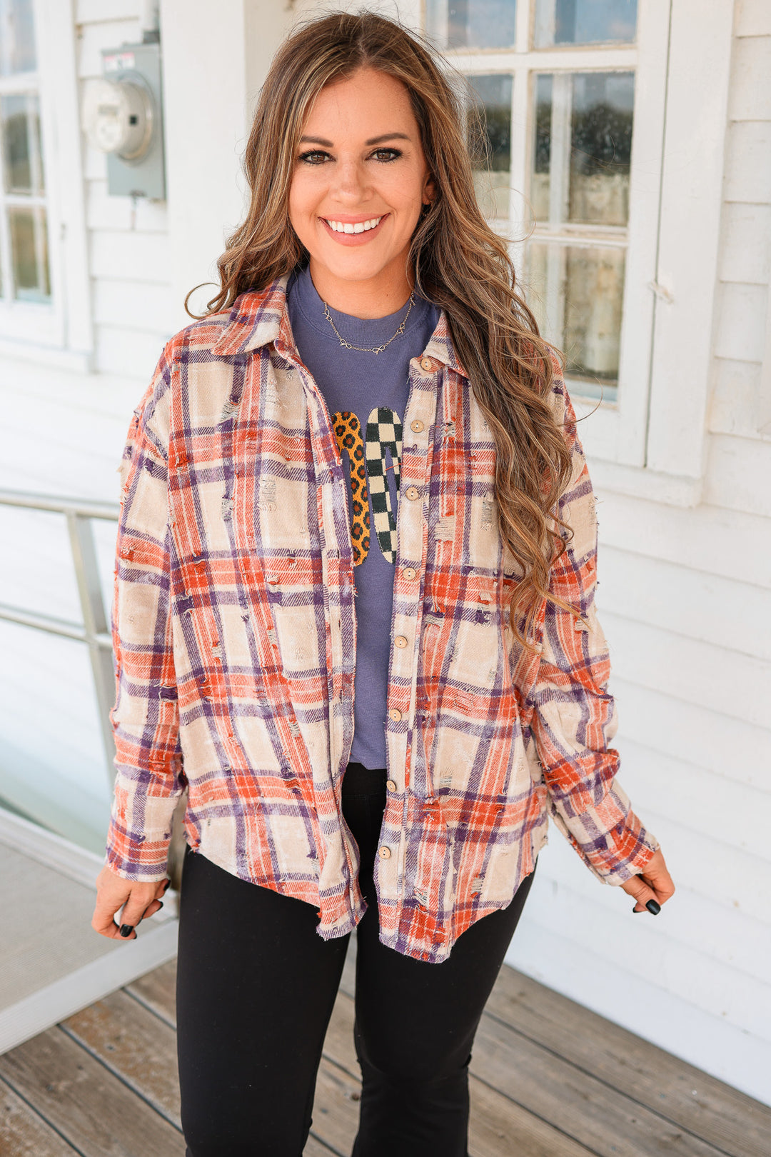 Alexa Distressed Button Down Flannel - Purple