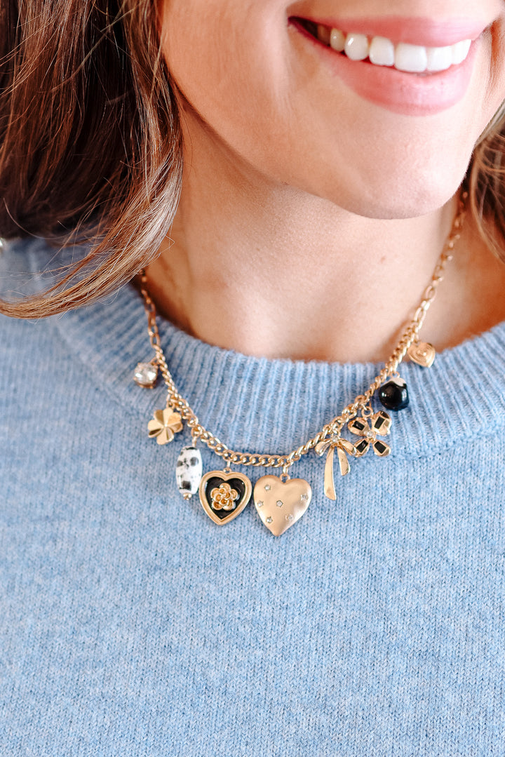 Heart Bow Pearl Flower Charm Necklace