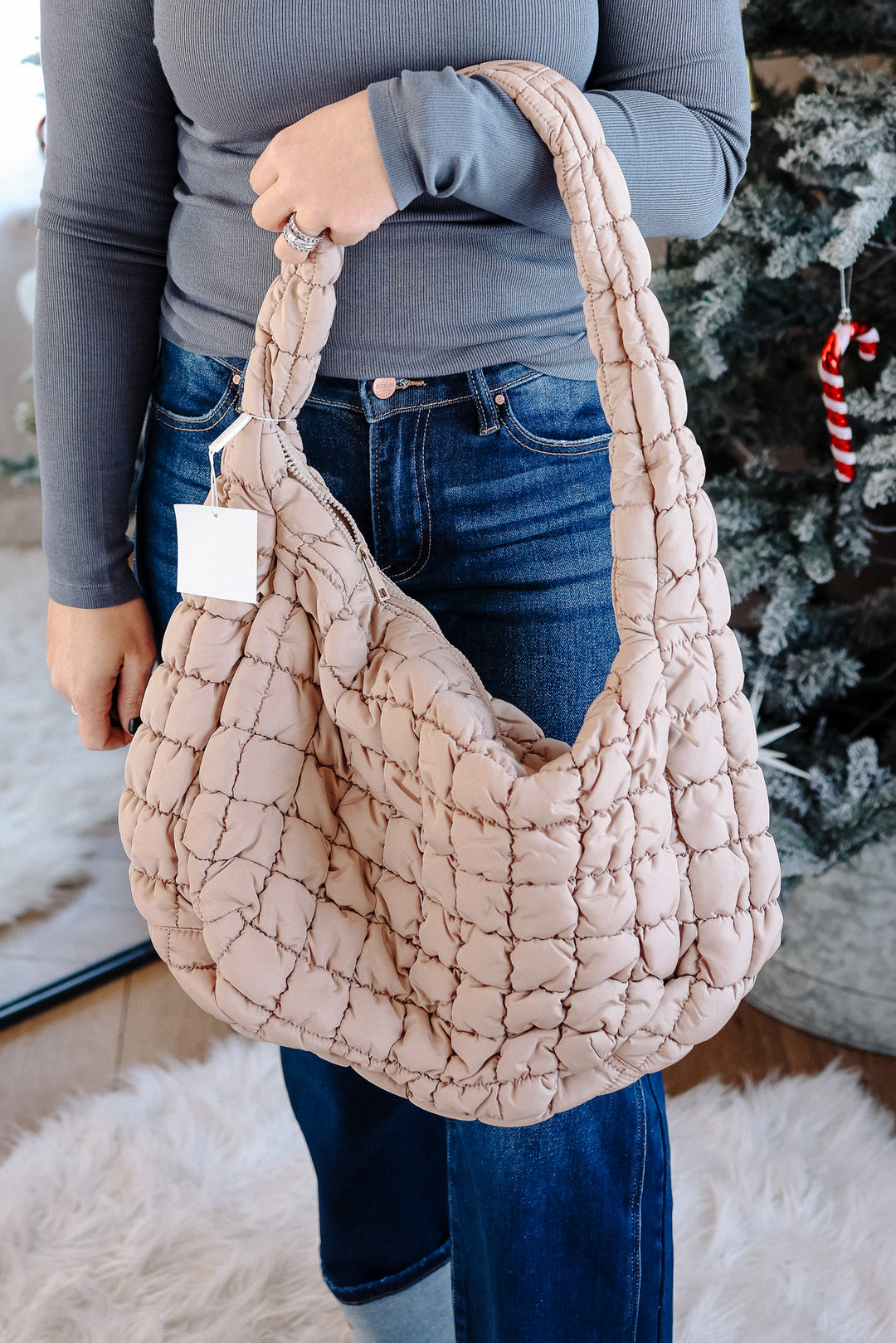 Large Puffer Quilted Shoulder Bag - Beige