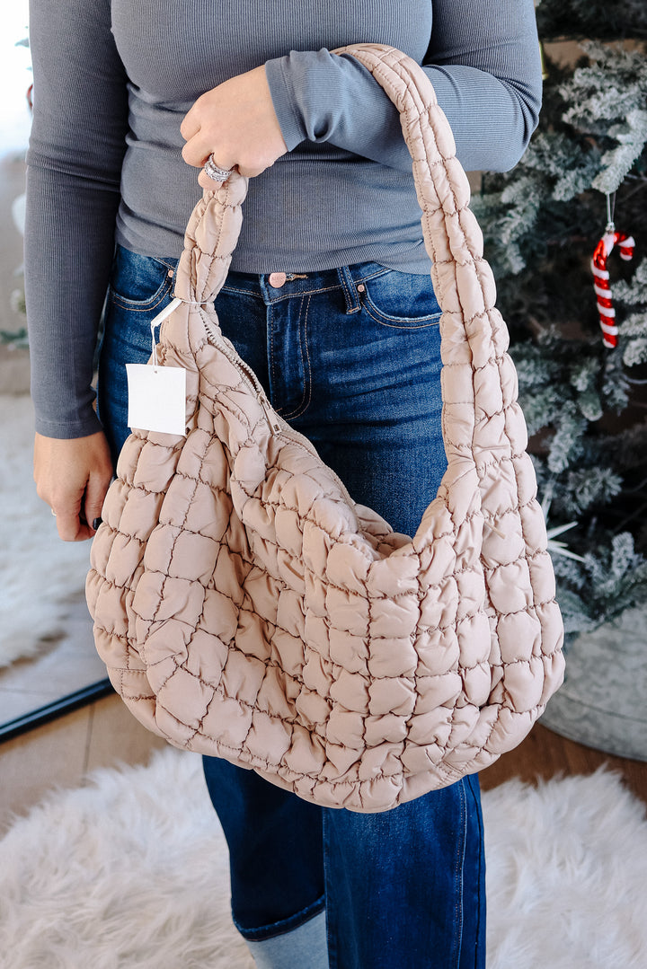 Large Puffer Quilted Shoulder Bag - Beige