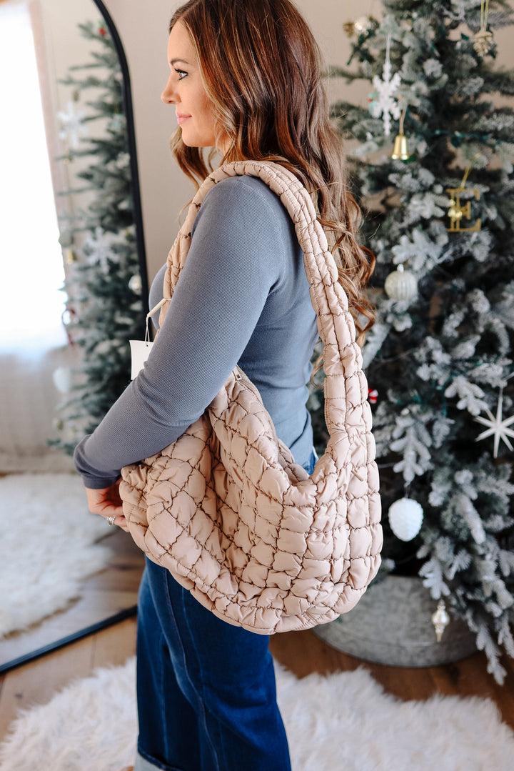 Large Puffer Quilted Shoulder Bag - Beige