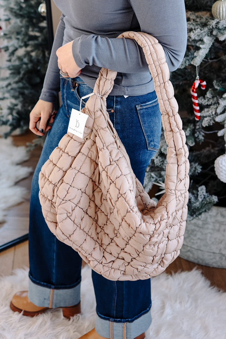 Large Puffer Quilted Shoulder Bag - Beige