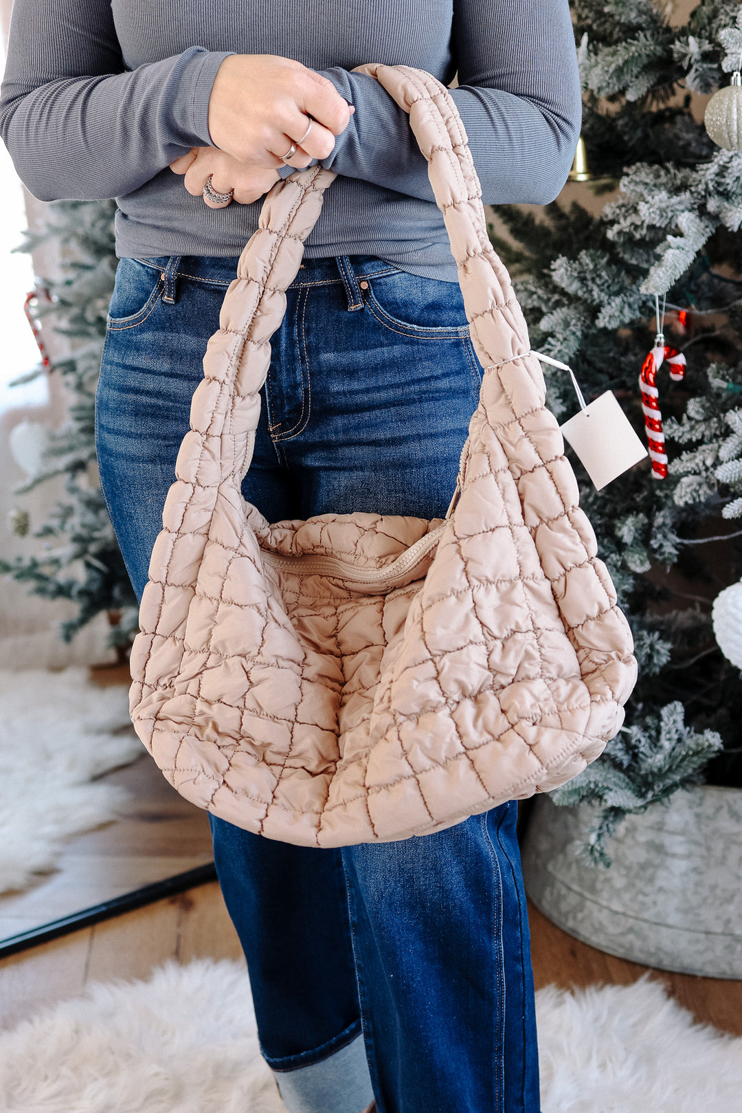 Large Puffer Quilted Shoulder Bag - Beige