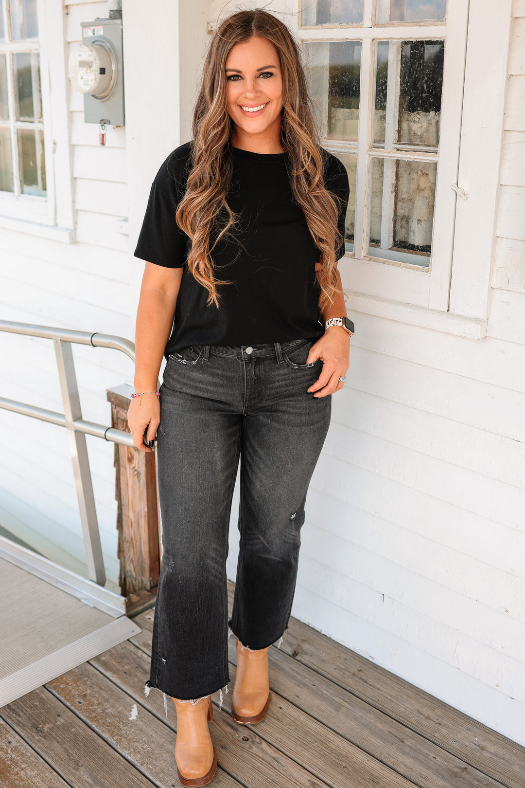VERVET: Wylie Mid Rise Distressed Hem Jeans - Black