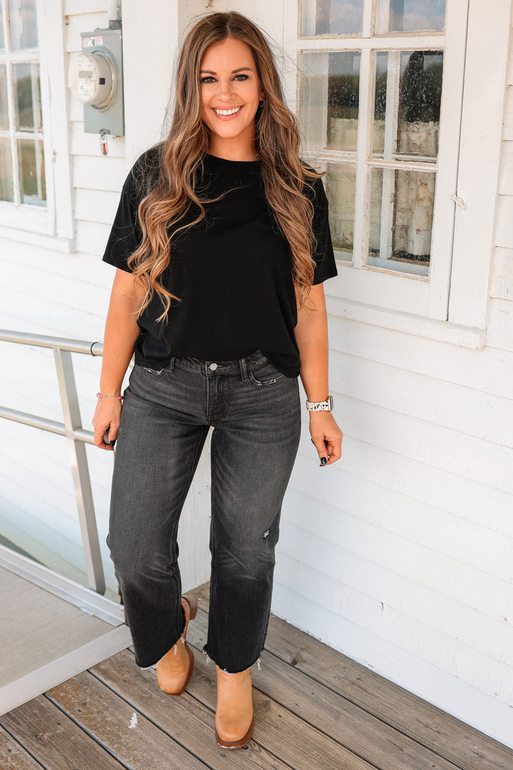 VERVET: Wylie Mid Rise Distressed Hem Jeans - Black