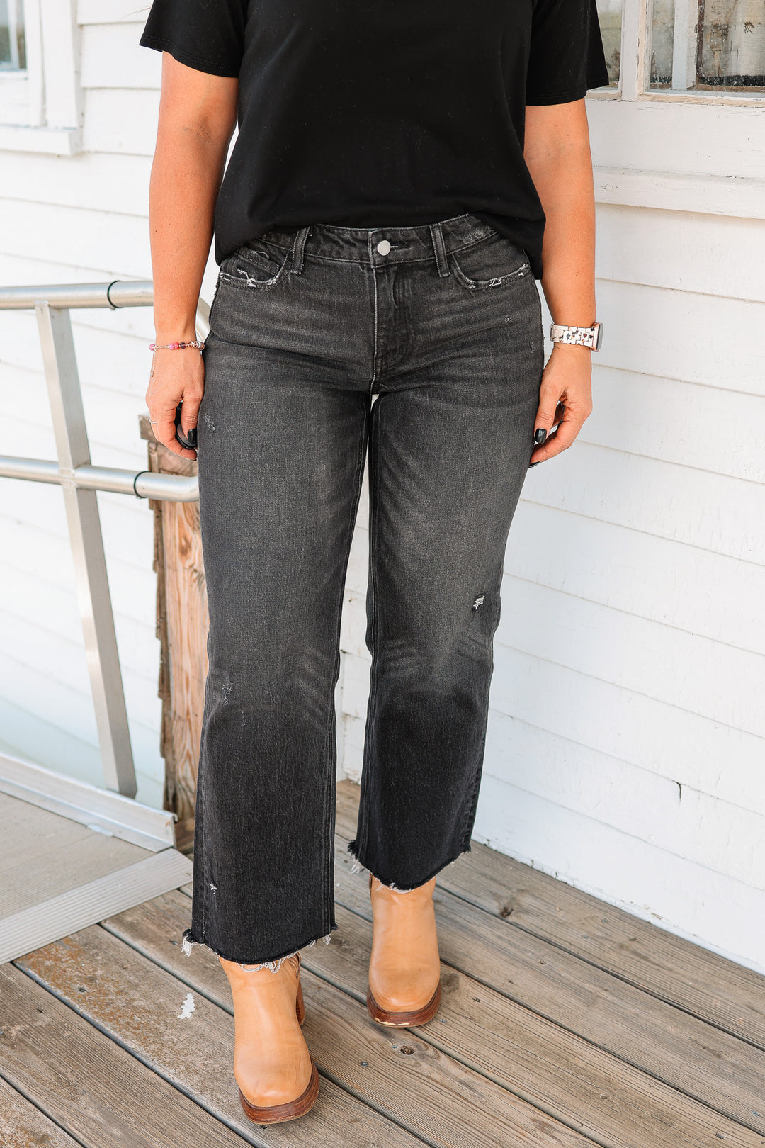 VERVET: Wylie Mid Rise Distressed Hem Jeans - Black
