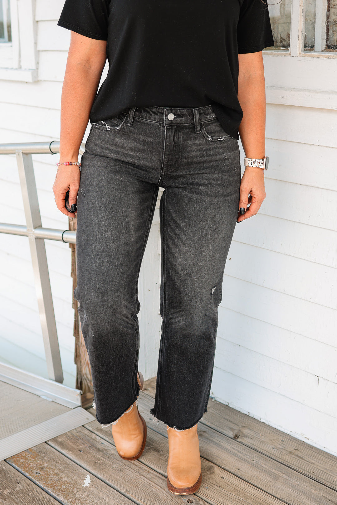 VERVET: Wylie Mid Rise Distressed Hem Jeans - Black