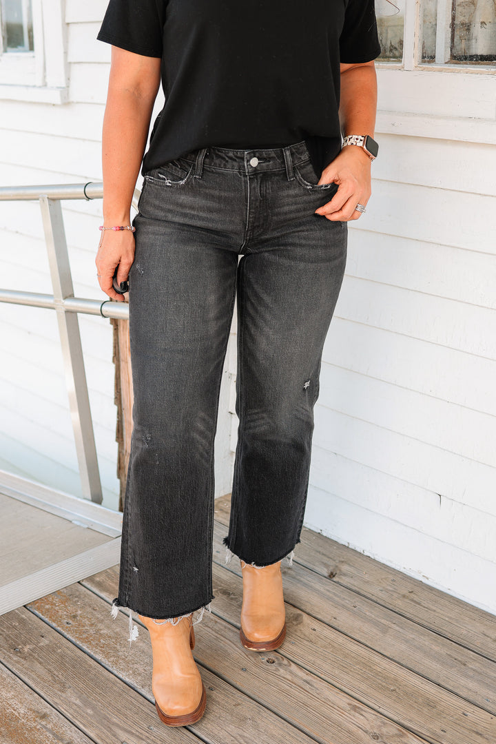 VERVET: Wylie Mid Rise Distressed Hem Jeans - Black