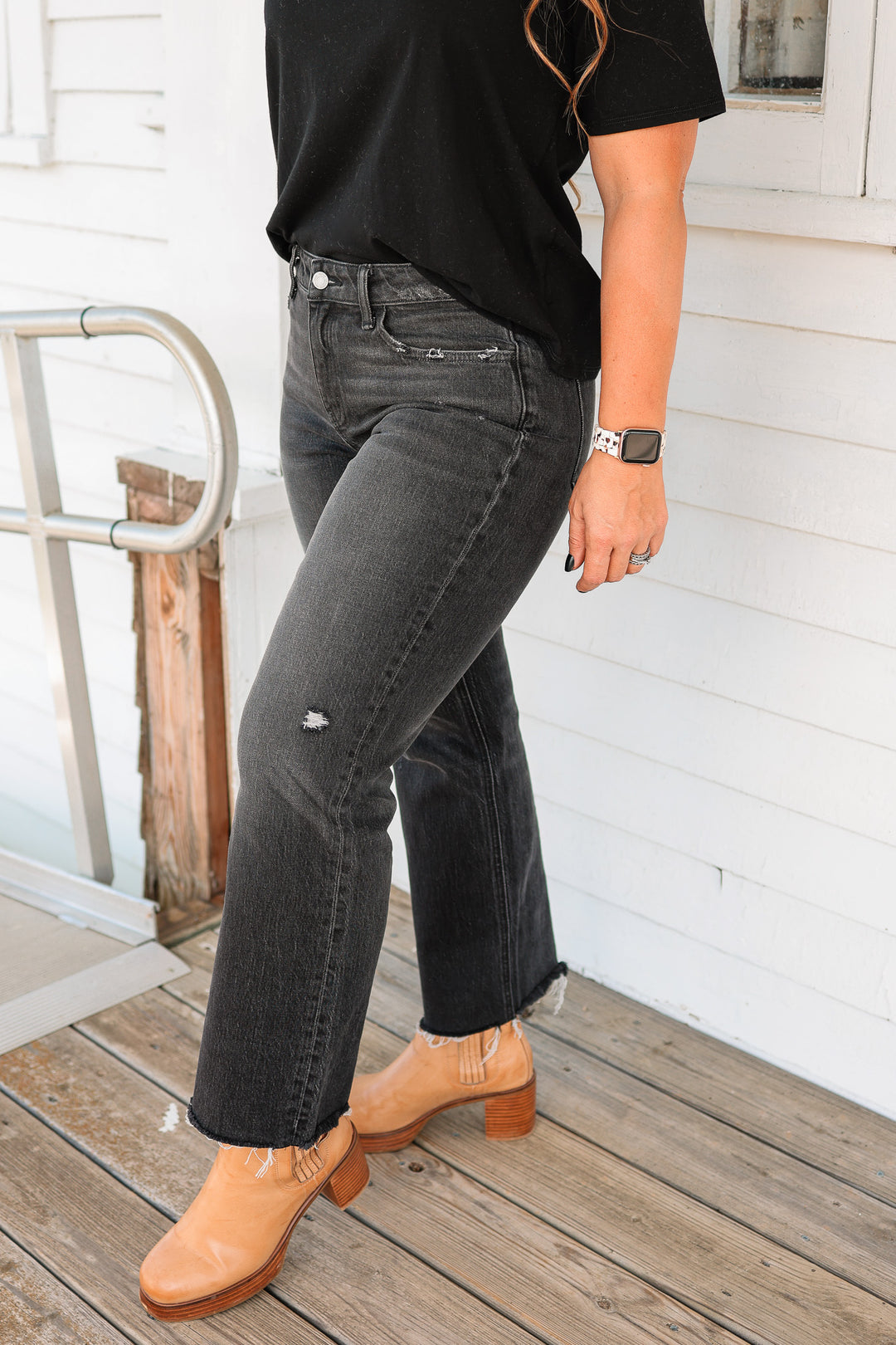 VERVET: Wylie Mid Rise Distressed Hem Jeans - Black