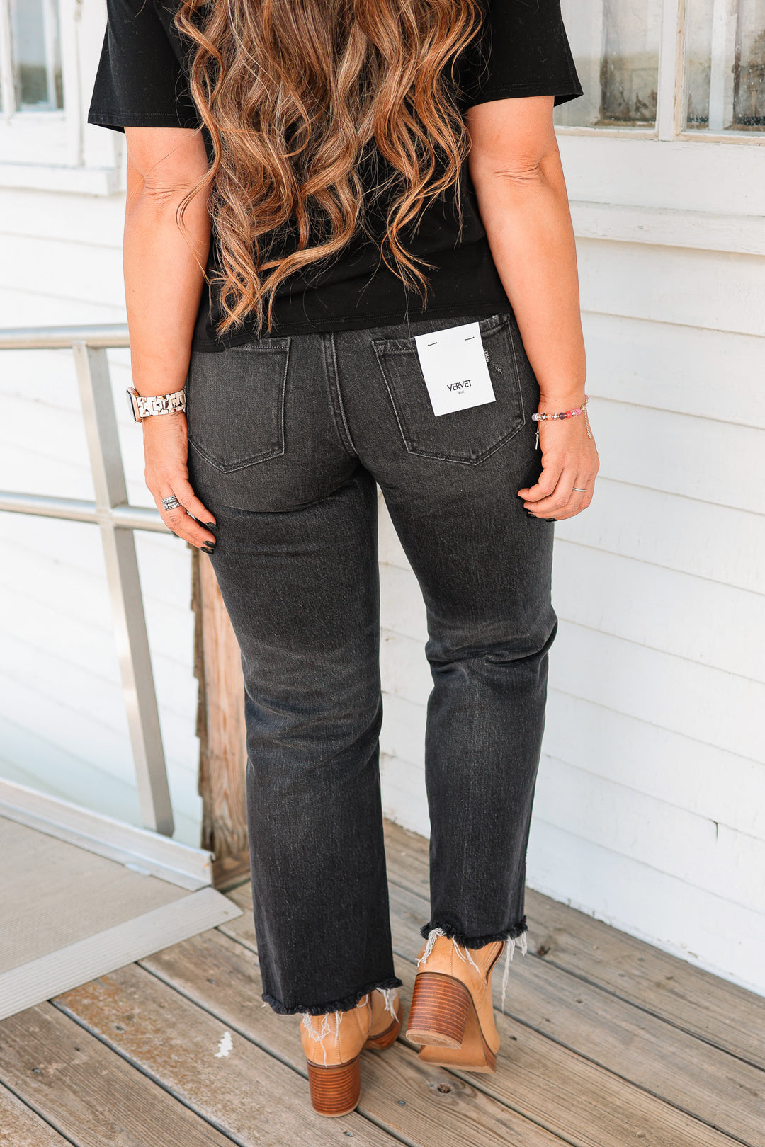 VERVET: Wylie Mid Rise Distressed Hem Jeans - Black