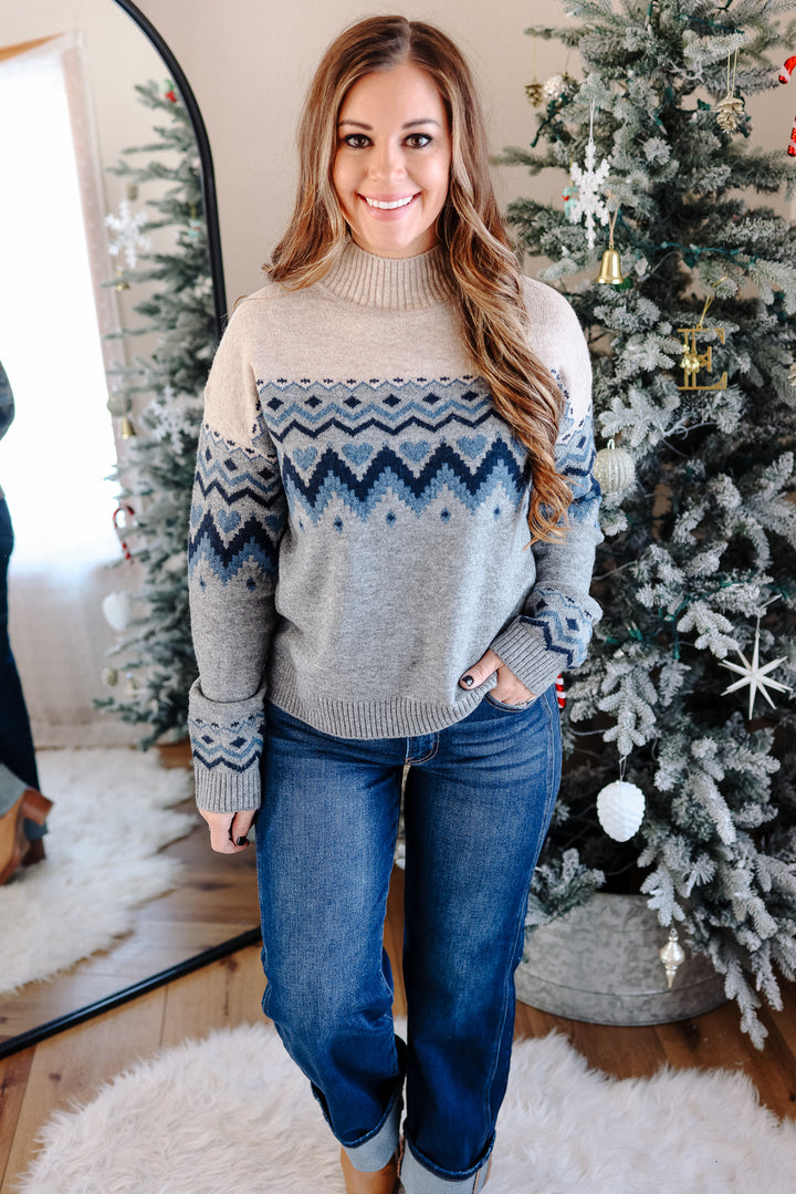 Harper Heart Mix Pattern Mockneck Sweater