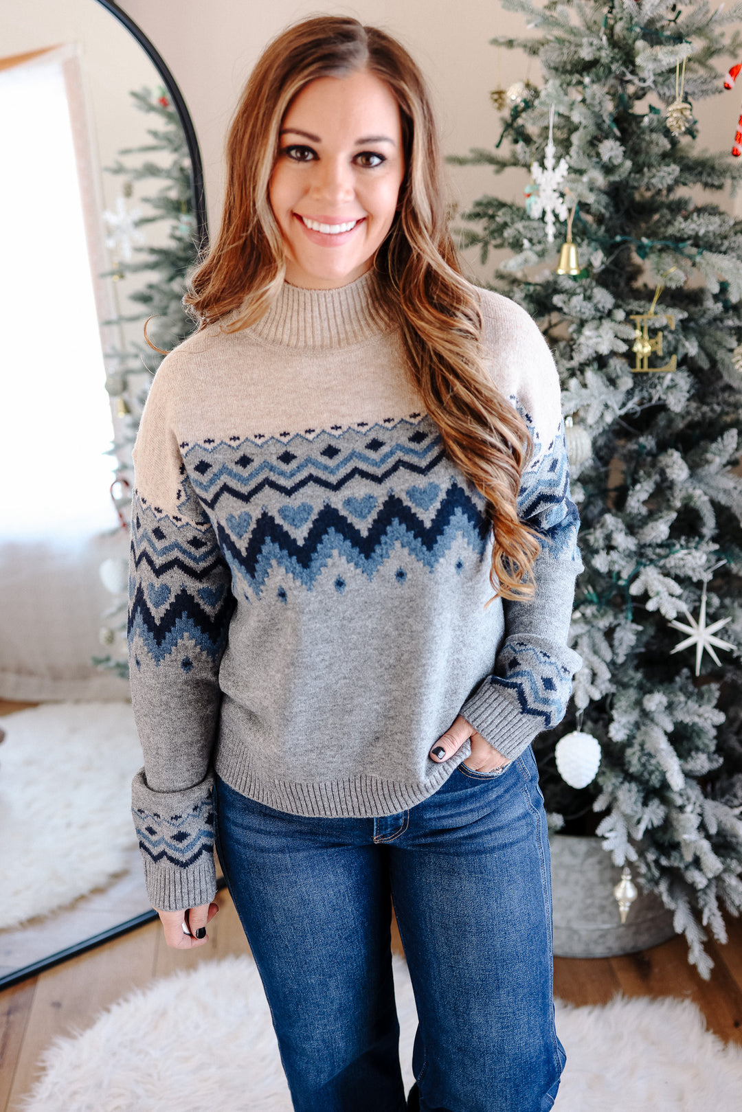 Harper Heart Mix Pattern Mockneck Sweater