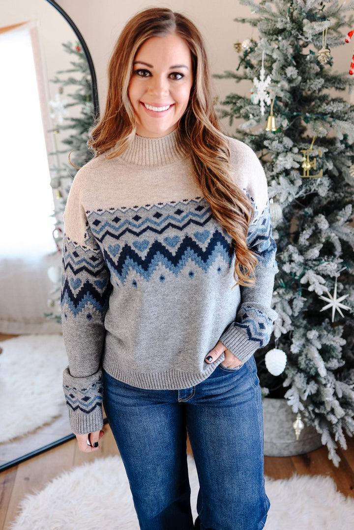 Harper Heart Mix Pattern Mockneck Sweater