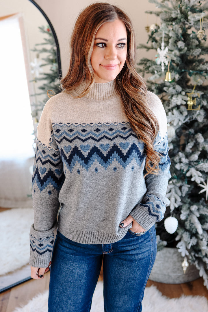 Harper Heart Mix Pattern Mockneck Sweater
