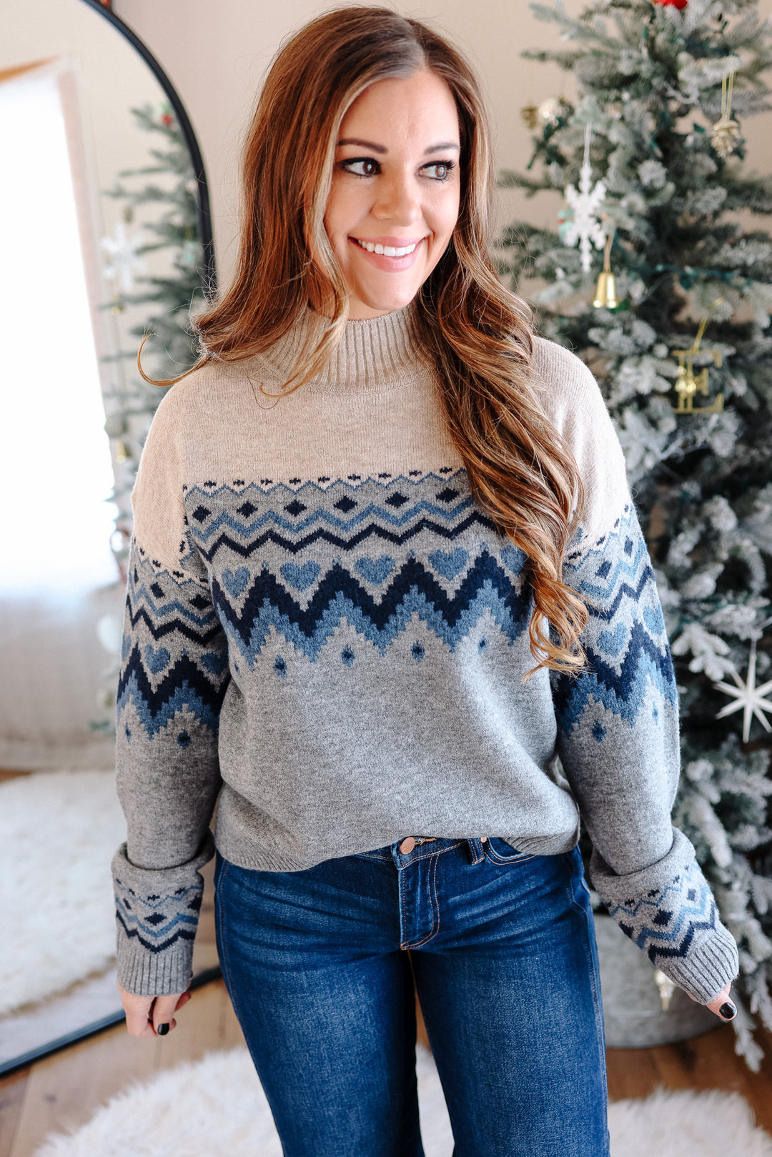 Harper Heart Mix Pattern Mockneck Sweater