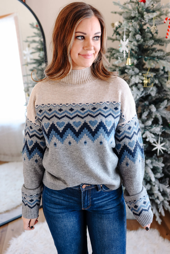 Harper Heart Mix Pattern Mockneck Sweater