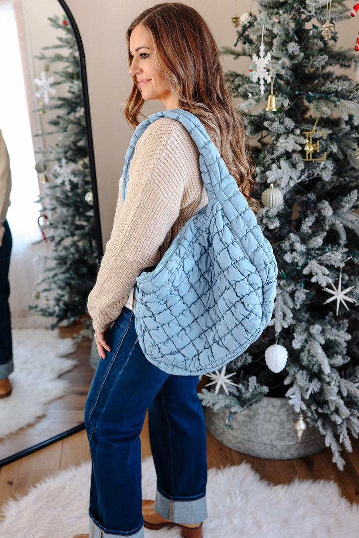 Large Puffer Quilted Shoulder Bag - Blue