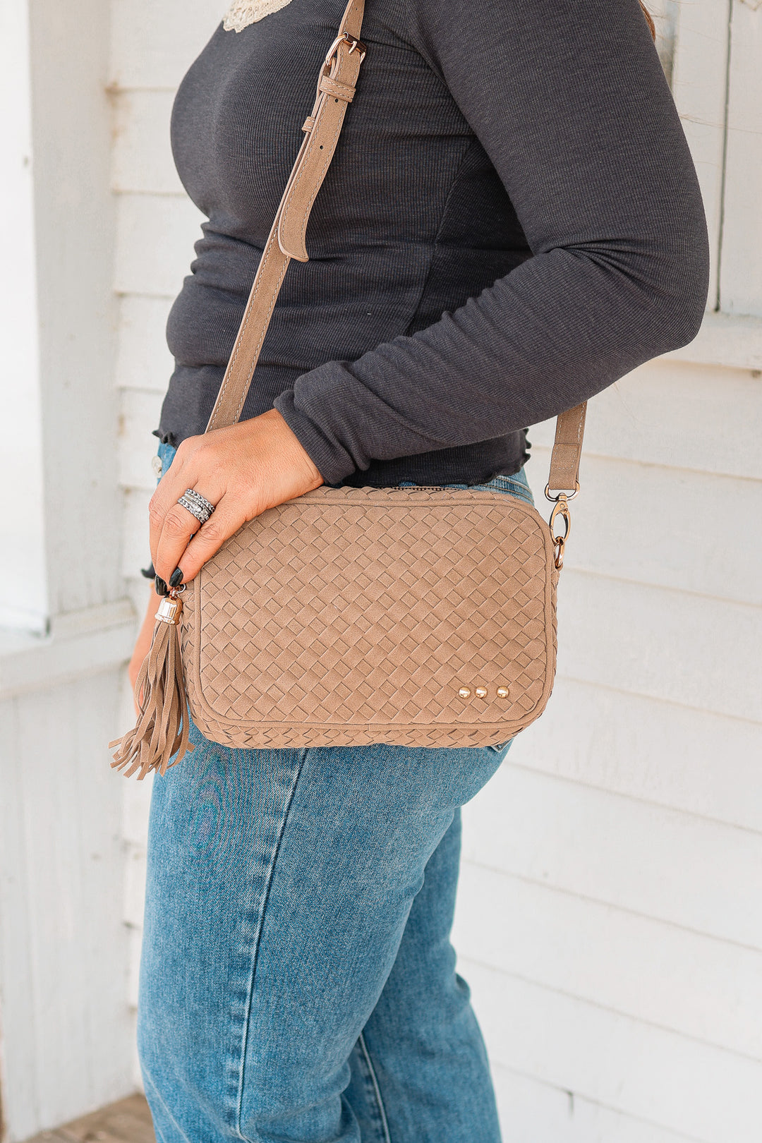 Suede Woven Willow Camera Crossbody Bag - Taupe