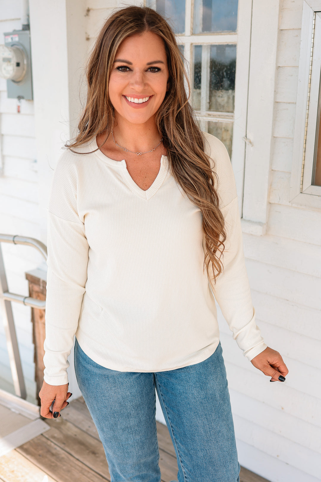 Tegan Split Neck Ribbed Top