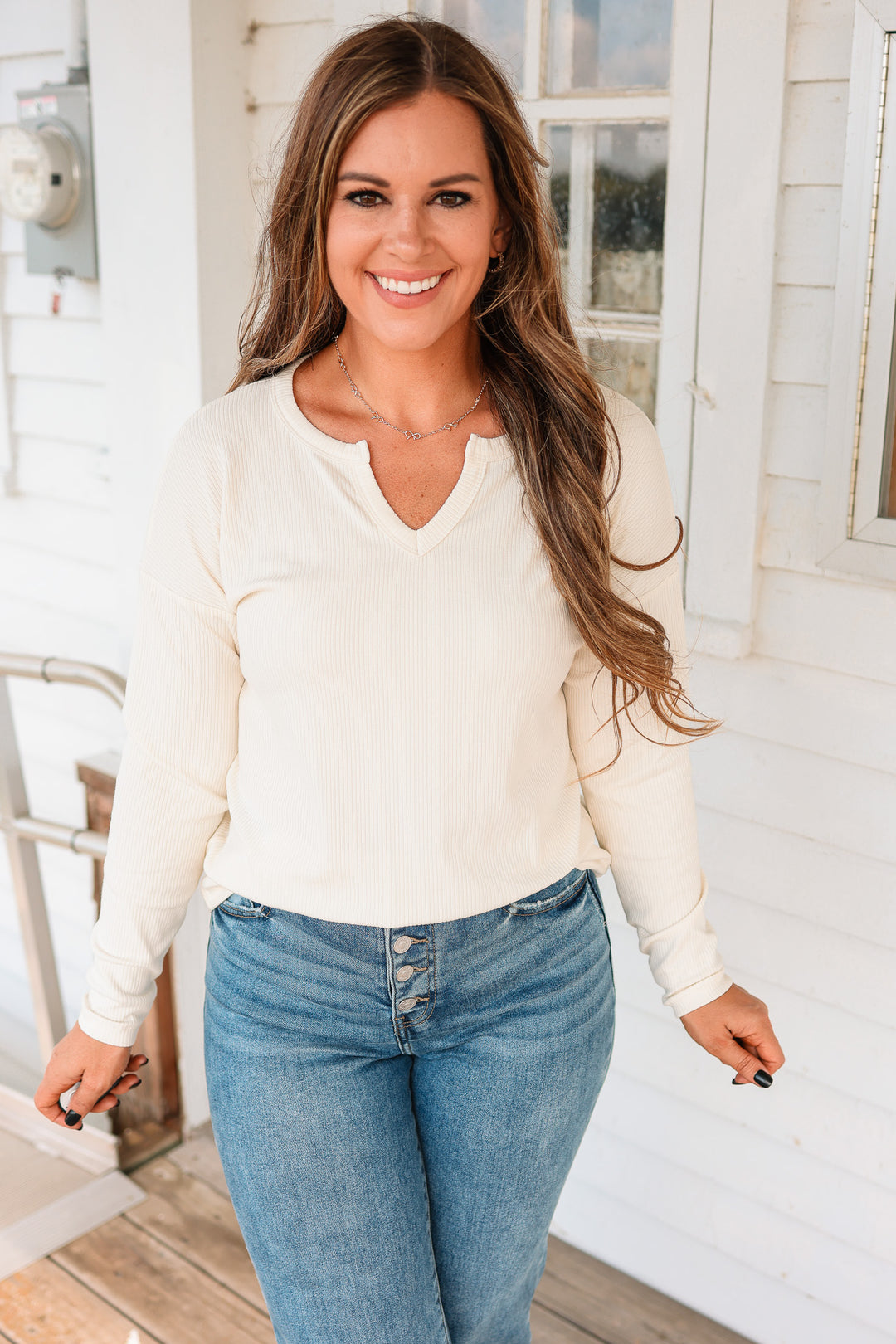 Tegan Split Neck Ribbed Top